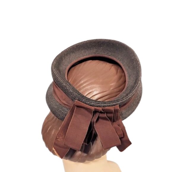 Vintage 1940s Dark Brown Small Straw Open Crown Round Pillbox Hat With Ribbons